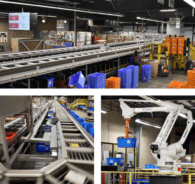 Collection of 3 images showcasing the Book Depot Inc. warehouse facilities, their technology and robots