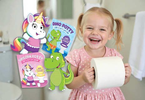 Image of potty training children's books and child smiling, holding toilet paper