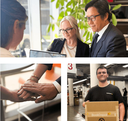 BDI. Collection of 3 images featuring company culture, handshakes and warehouse staff.