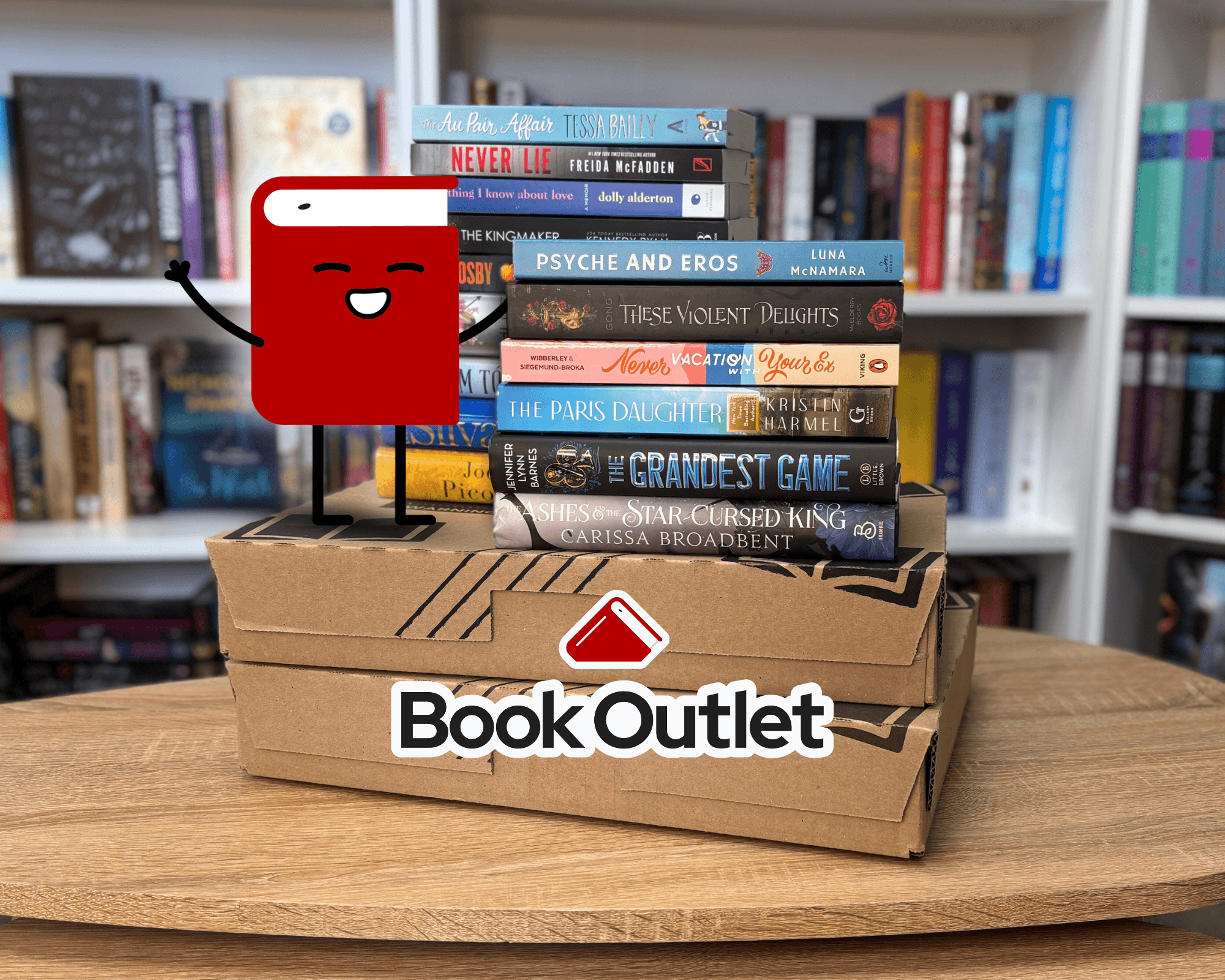 Newly purchased books stacked ontop of a shipment box with the BKO mascot waving.